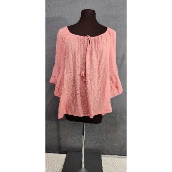 Lucky Brand‎ Top Womens Sz Large Pink Off The Shoulder Bell Sleeve Boho Tassels - Picture 1 of 11